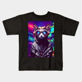 Techno Cat In Japan Neon City Kids T-Shirt